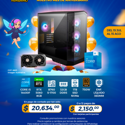 PROMO PCTECHVERSARIO: PC Gamer INTEL Core i5 14400F, RTX 5060 8GB, 32GB RAM, 1TB SSD, Enf. Líquido