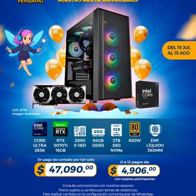 PROMO PCTECHVERSARIO: PC Gamer INTEL Core Ultra 265K, RTX 5070Ti 16GB, 64GB RAM, 2TB SSD, Enf. Líquido