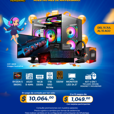 PROMO PCTECHVERSARIO: PC Gamer AMD Ryzen 5 5600G, 16GB RAM, 1TB SSD, Monitor 24.5", Teclado, Mouse, Mousepad, Headset