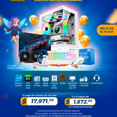 PROMO PCTECHVERSARIO: PC Gamer INTEL Core i5 12400F, RTX 4060 8GB, 16GB RAM, 500GB SSD, Monitor Gamer 27", Teclado, Mouse, Headset