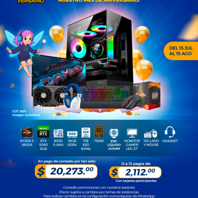 PROMO PCTECHVERSARIO: PC Gamer AMD Ryzen 5 5600X, RTX 5060 8GB, 16GB RAM, 1TB SSD, Enf. Líquido, Monitor Gamer 27", Teclado, Mouse, Headset