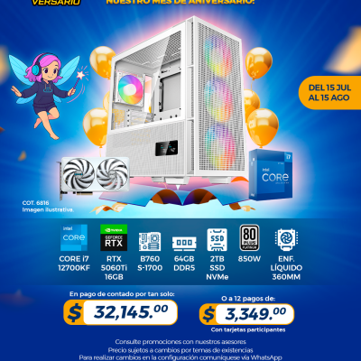 PROMO PCTECHVERSARIO: PC Gamer INTEL Core i7 12700KF, RTX 5060Ti 16GB, 64GB RAM, 2TB SSD, Enf. Líquido