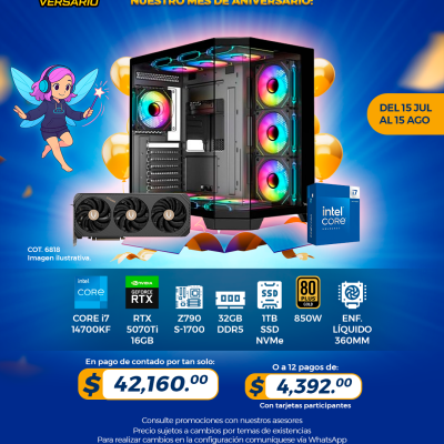 PROMO PCTECHVERSARIO: PC Gamer INTEL Core i7 14700KF, RTX 5070Ti 16GB, 32GB RAM, 1TB SSD, Enf. Líquido
