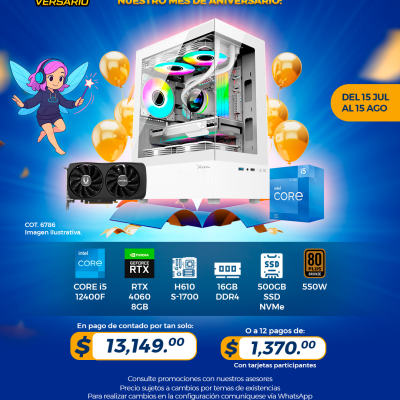 PROMO PCTECHVERSARIO: PC Gamer INTEL Core i5 12400F, RTX 4060 8GB, 16GB RAM, 500GB SSD