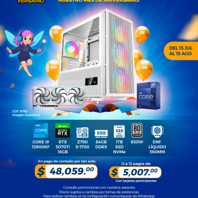 PROMO PCTECHVERSARIO: PC Gamer INTEL Core i9 12900KF, RTX 5070Ti 16GB, 64GB RAM, 1TB SSD, Enf. Líquido