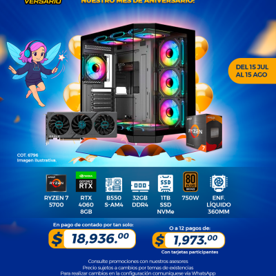 PROMO PCTECHVERSARIO: PC Gamer AMD Ryzen 7 5700, RTX 4060 8GB, 32GB RAM, 1TB SSD, Enf. Líquido