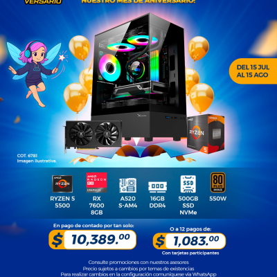 PROMO PCTECHVERSARIO: PC Gamer AMD Ryzen 5 5500, RX 7600 8GB, 16GB RAM, 500GB SSD